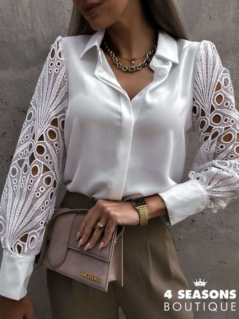 White Sexy Lace Hollow Out Women Blouse 2022 Spring Black Vintage Button Up Shirts Top Long Sleeve