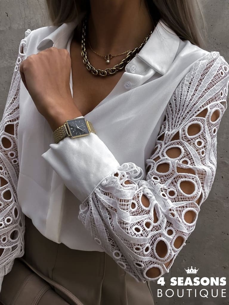 White Sexy Lace Hollow Out Women Blouse 2022 Spring Black Vintage Button Up Shirts Top Long Sleeve