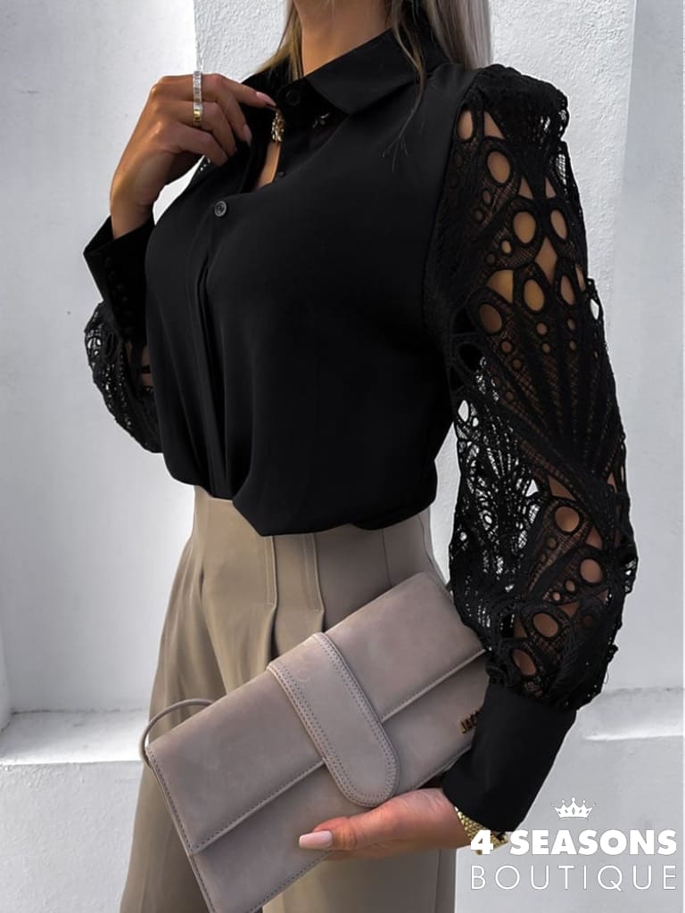 White Sexy Lace Hollow Out Women Blouse 2022 Spring Black Vintage Button Up Shirts Top Long Sleeve