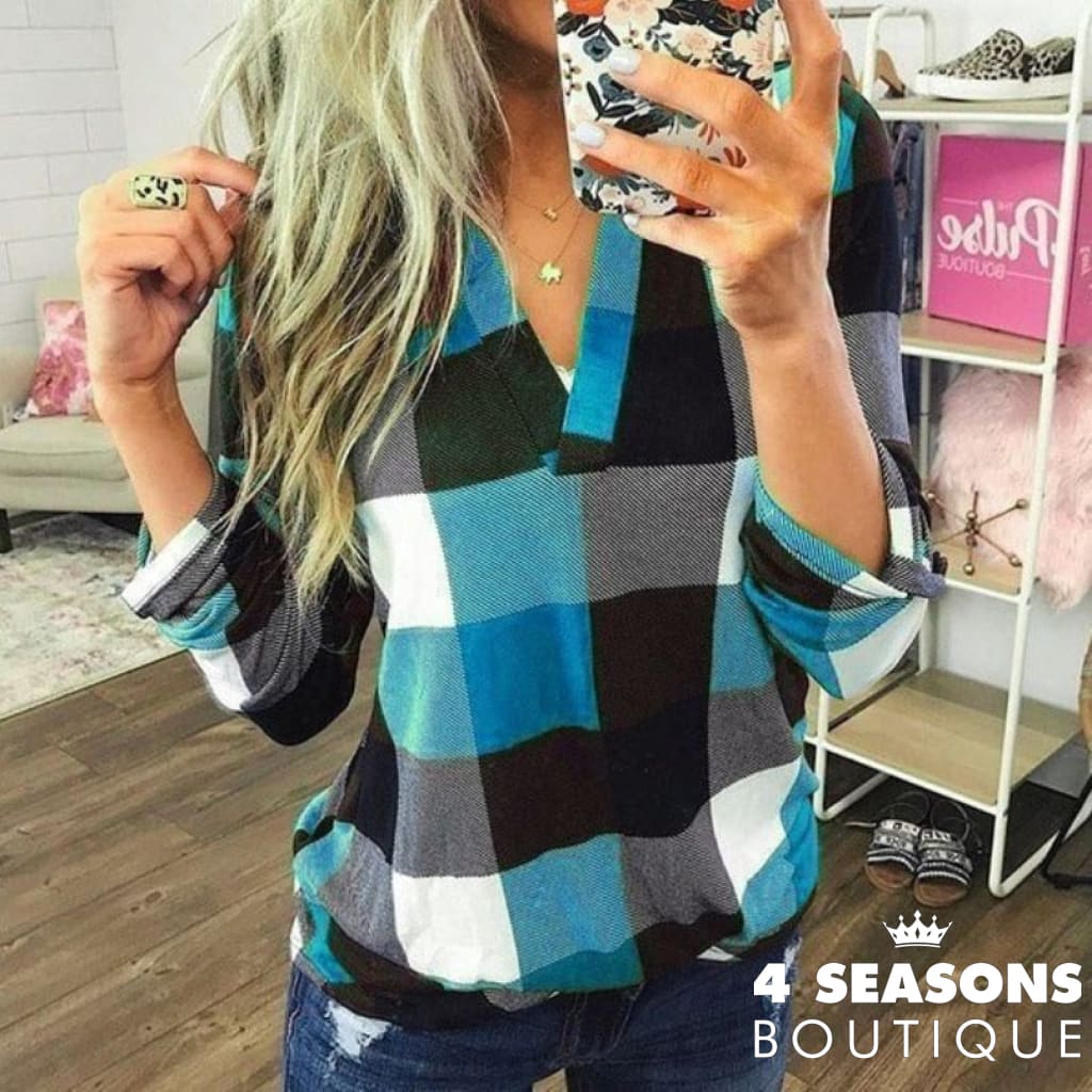 2022 Women Shirts Autumn Casual Plaid Shirt For Tops And Blouses Long Sleeve Red Ladies Aqua Blue /