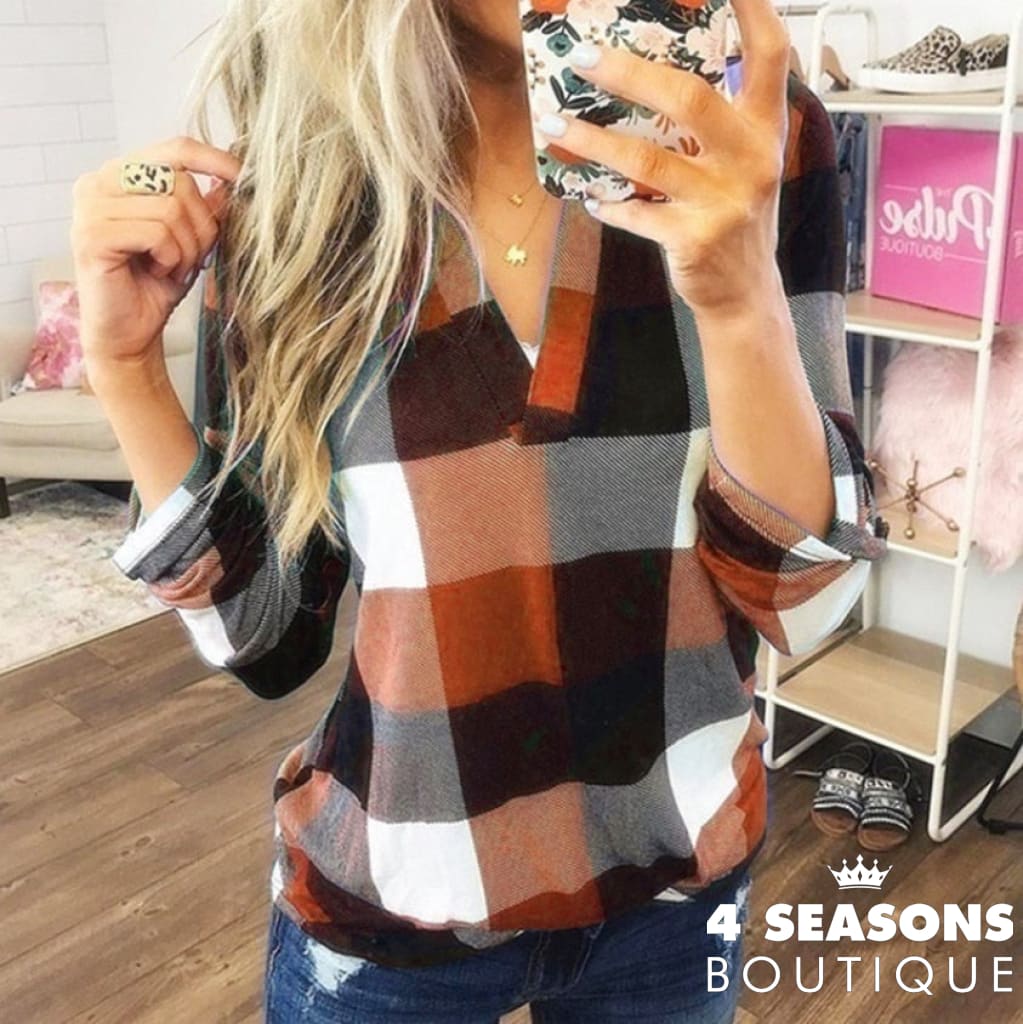 2022 Women Shirts Autumn Casual Plaid Shirt For Tops And Blouses Long Sleeve Red Ladies Orange / S