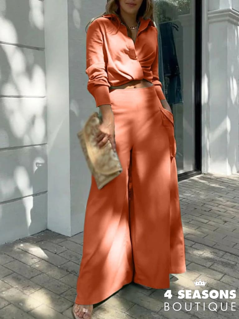 2022 New Long Sleeve Lapel V Neck Shirts + High Waist Pockets Pants Suit Lady Office Set Summer