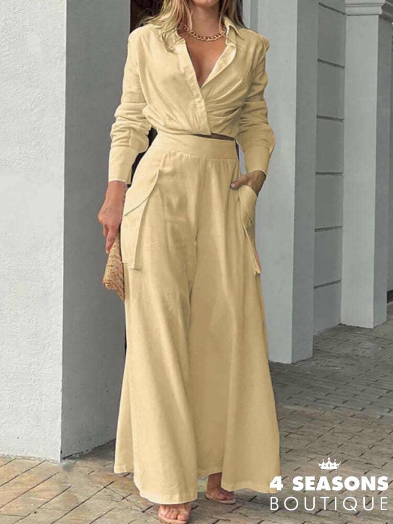 2022 New Long Sleeve Lapel V Neck Shirts + High Waist Pockets Pants Suit Lady Office Set Summer