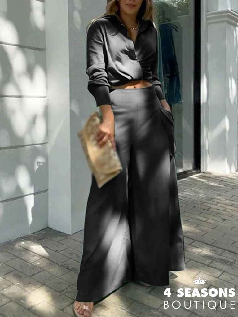 2022 New Long Sleeve Lapel V Neck Shirts + High Waist Pockets Pants Suit Lady Office Set Summer