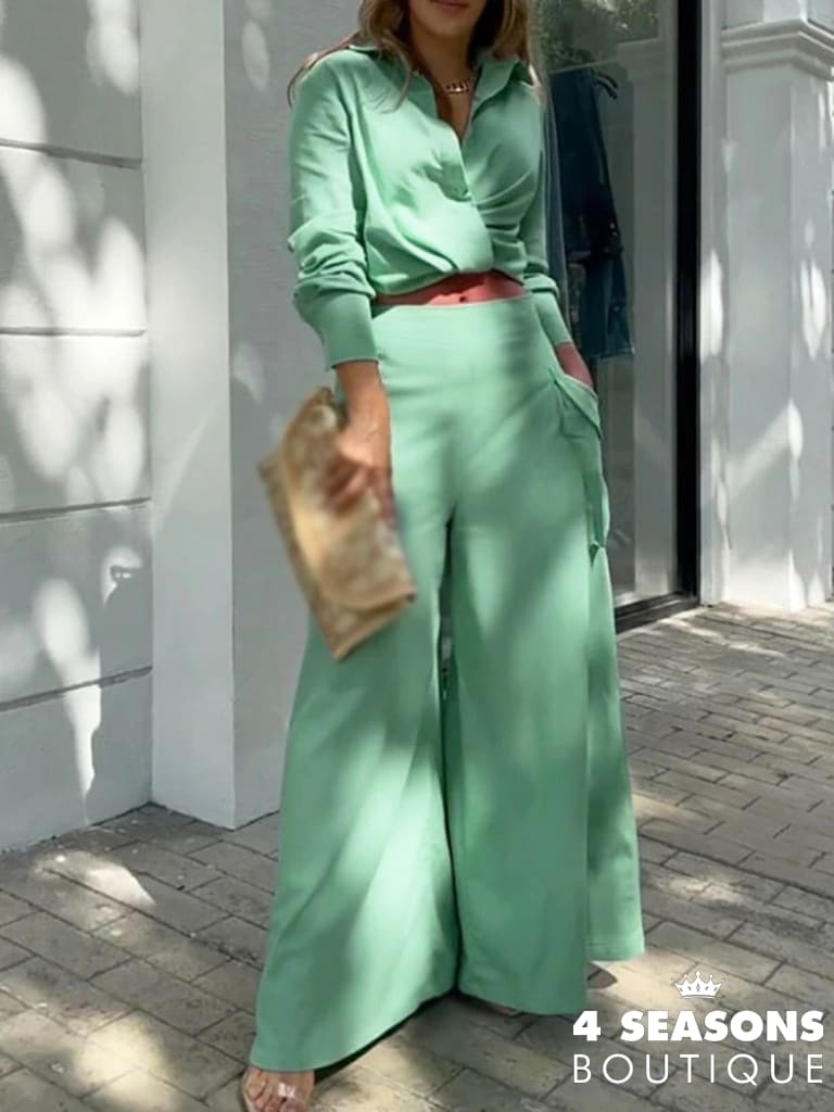 2022 New Long Sleeve Lapel V Neck Shirts + High Waist Pockets Pants Suit Lady Office Set Summer
