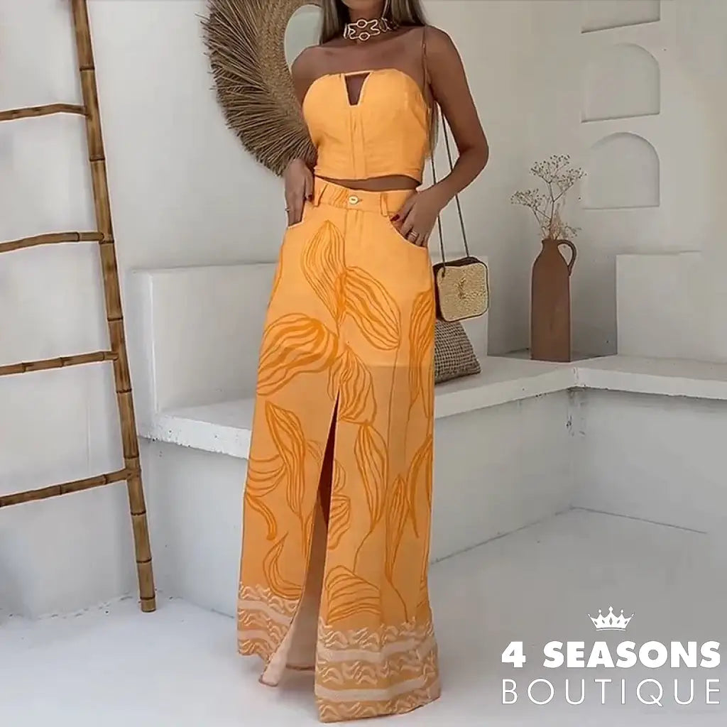 Liyong 2 Piece Set Women Summer Fashion Printed Sleeveless Strapless Hollow Out Tube Top Loose With