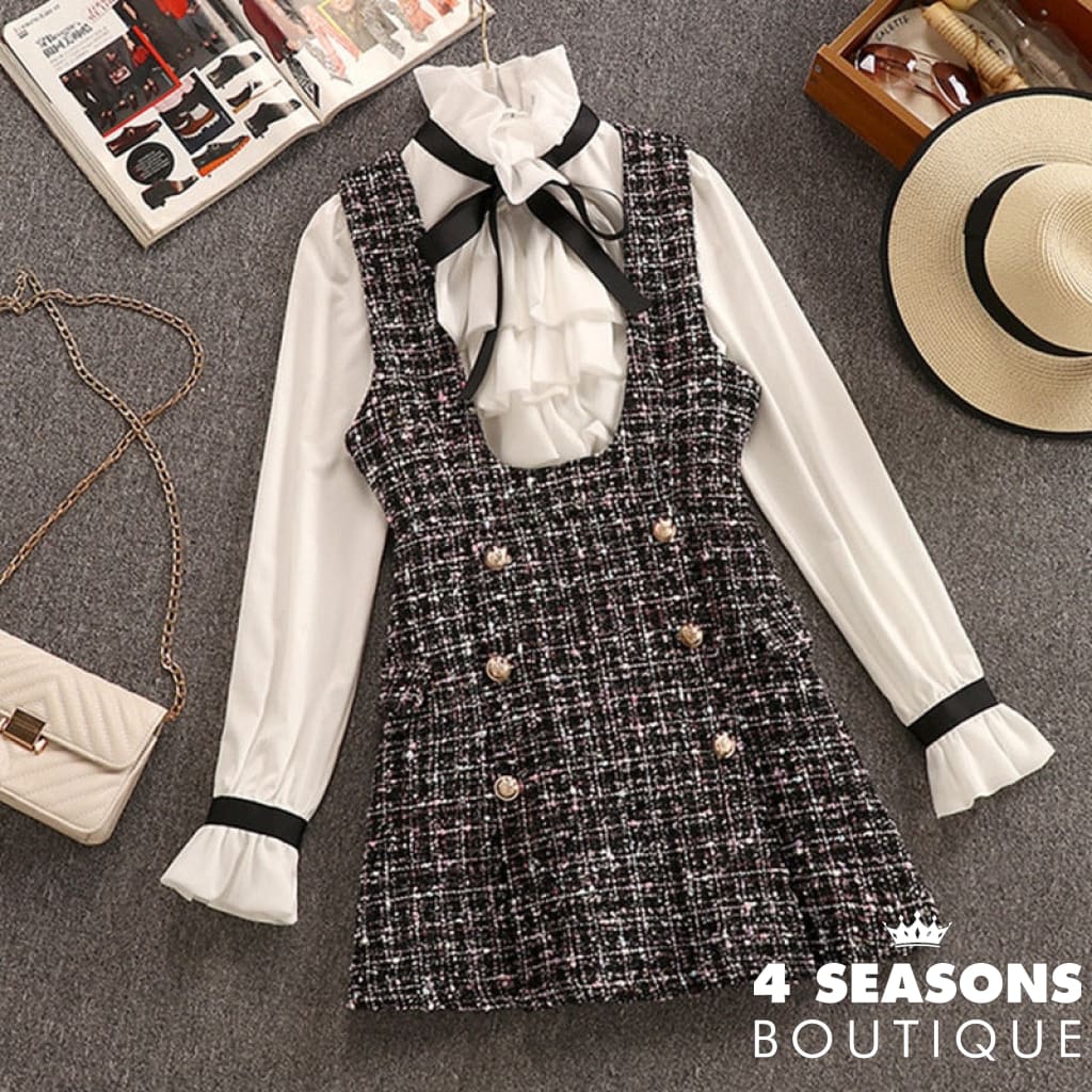2021 Autumn Winter 2 Piece Set Overalls Dress Women Elegant Ruffles Chiffon Bow Shirt Top+Double