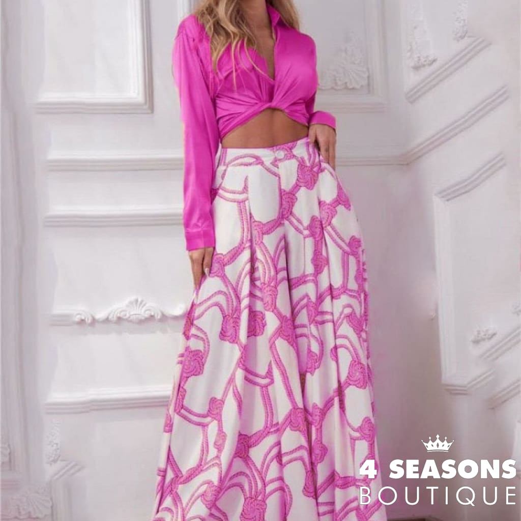 Wefads Women Two Pieces Sets Sexy V-Neck Long Sleeves Lapel Solid Color Top Rope Print Wide Leg