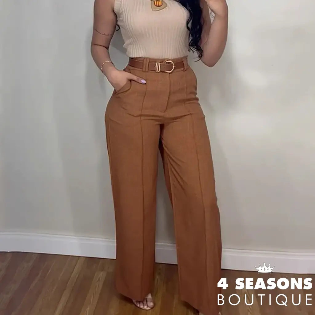 Wefads Women Two Piece Sets Fashion Solid High Collar Sleeveless Tank Slim Top Straight Long Pants