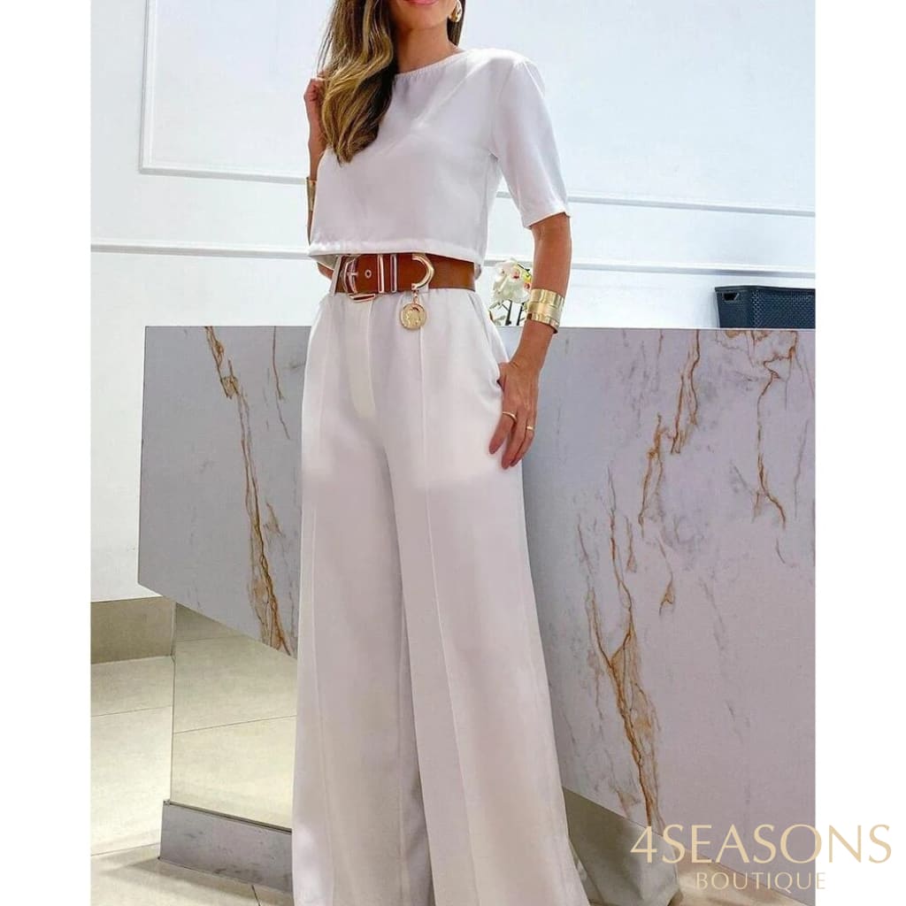 2023 Casual Women Half Sleeve Crop Top & Wide Leg Pants Set Summer Femme Office Lady Two Pieces Suit