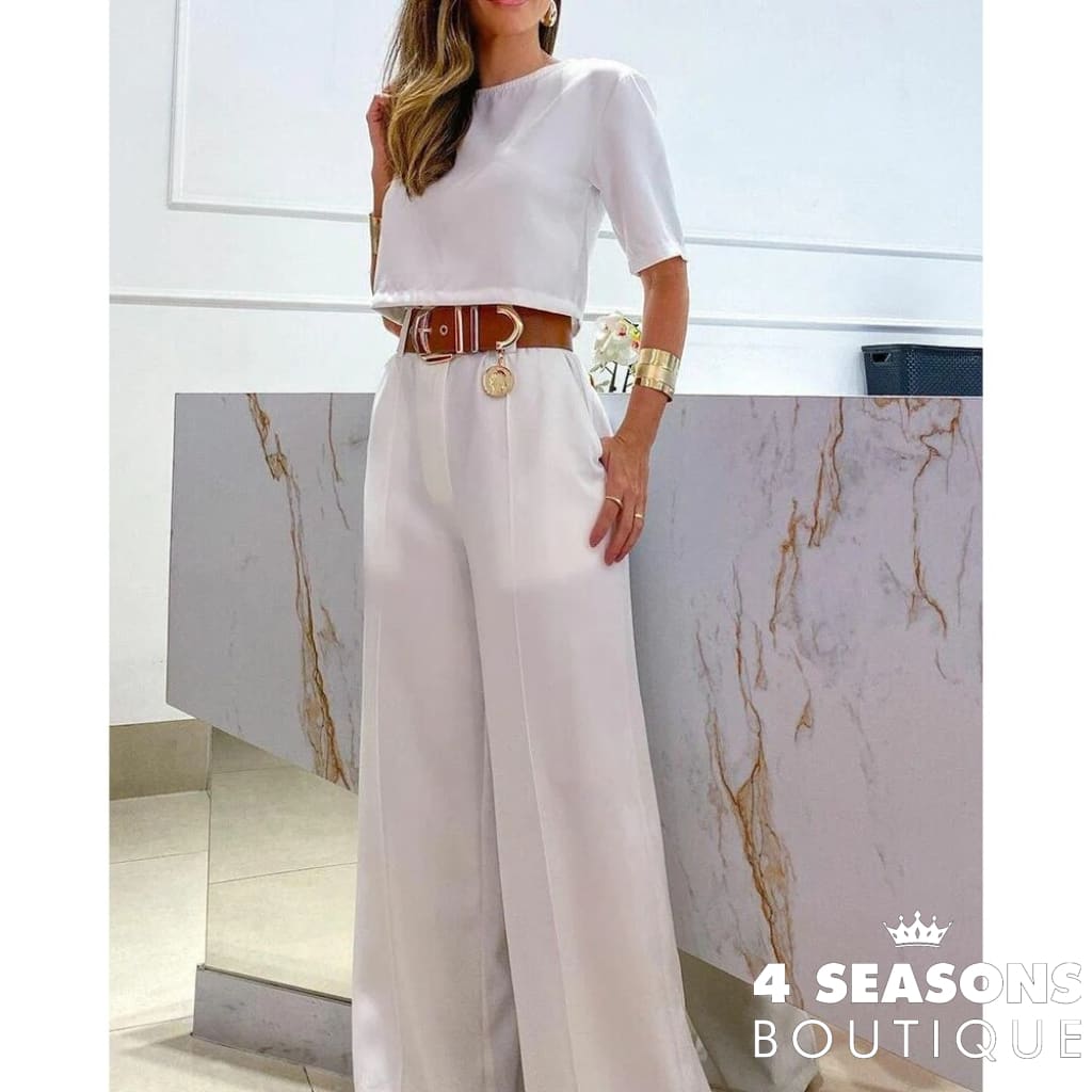 2023 Casual Women Half Sleeve Crop Top & Wide Leg Pants Set Summer Femme Office Lady Two Pieces Suit