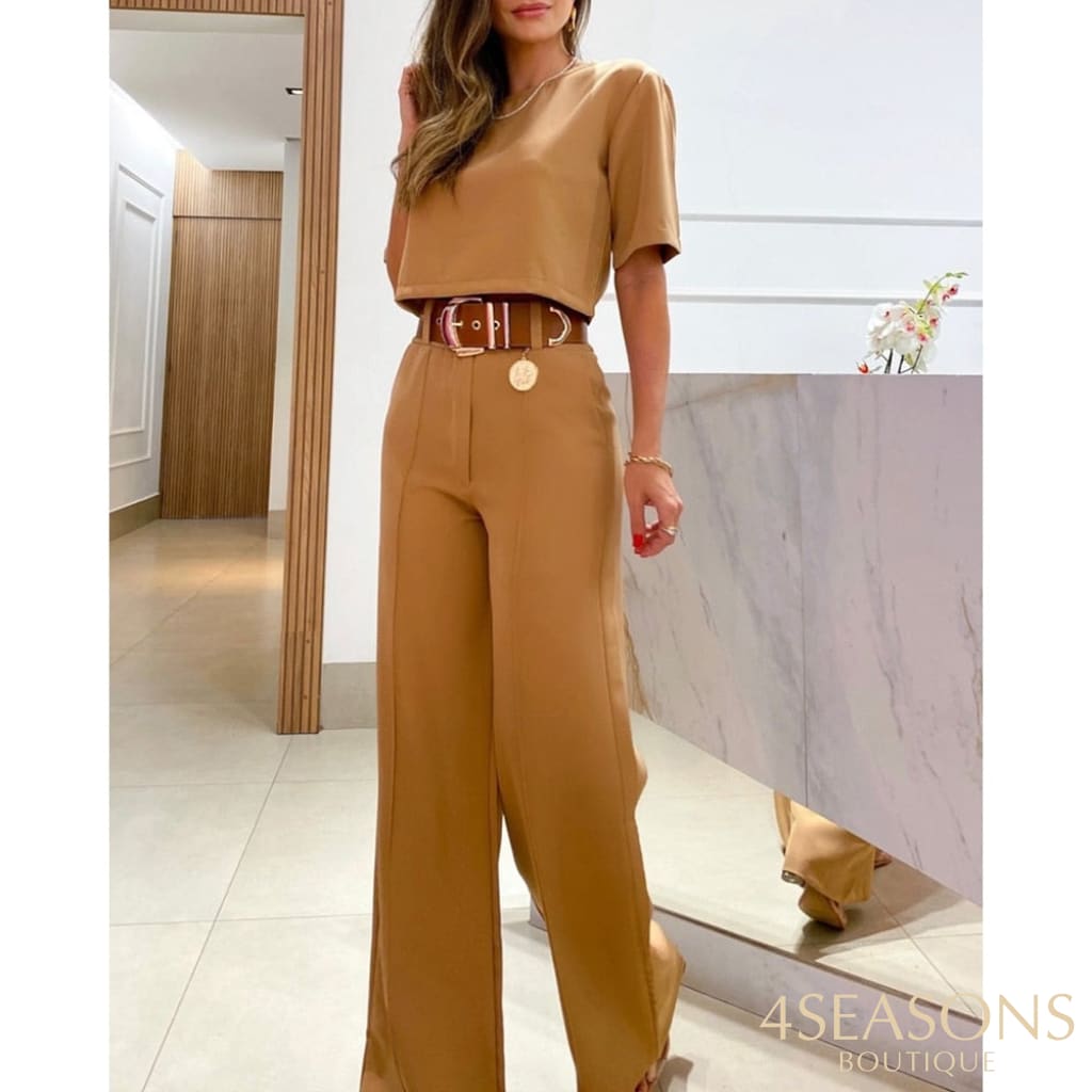 2023 Casual Women Half Sleeve Crop Top & Wide Leg Pants Set Summer Femme Office Lady Two Pieces Suit