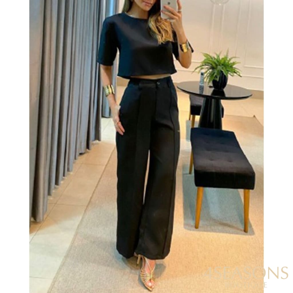 2023 Casual Women Half Sleeve Crop Top & Wide Leg Pants Set Summer Femme Office Lady Two Pieces Suit