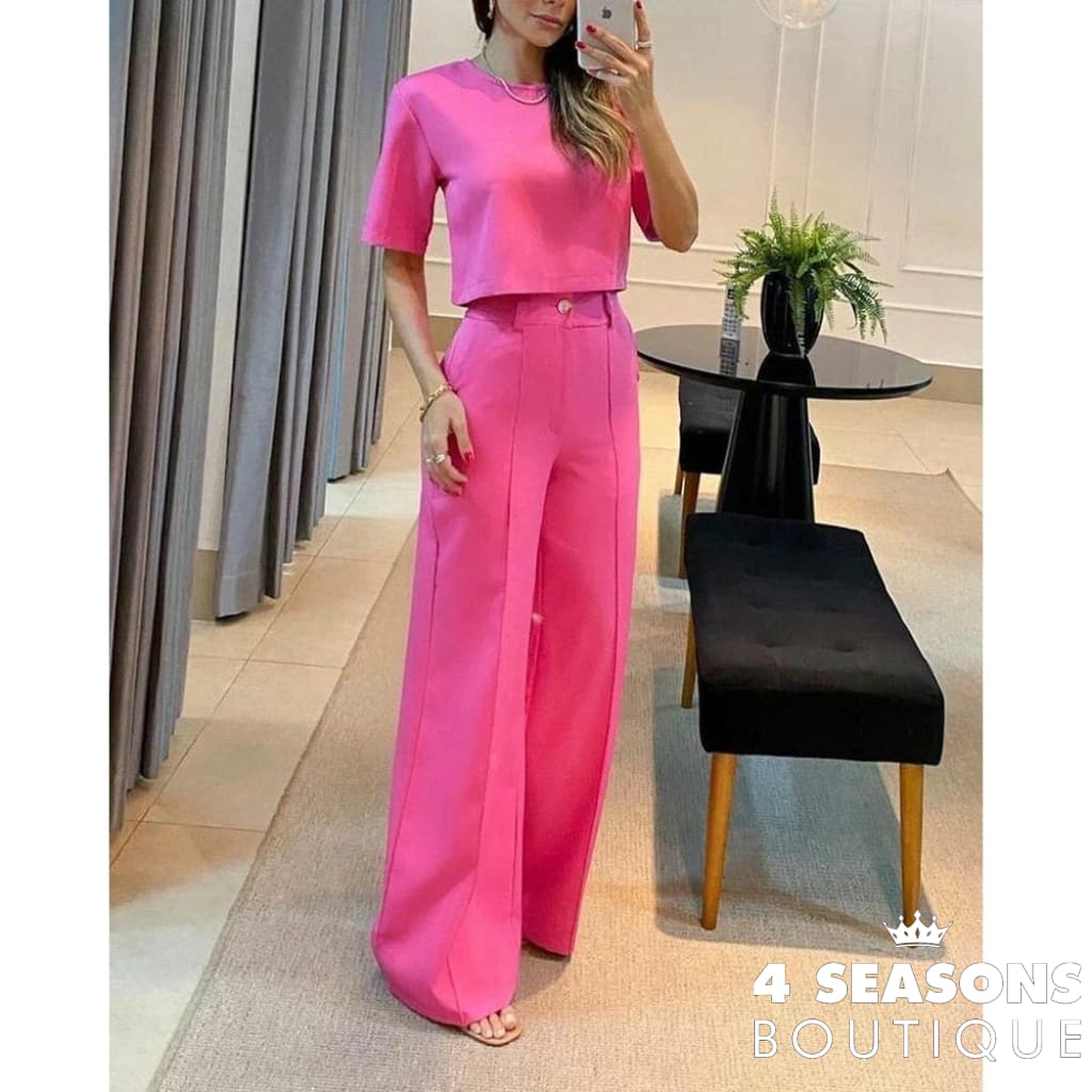 2023 Casual Women Half Sleeve Crop Top & Wide Leg Pants Set Summer Femme Office Lady Two Pieces Suit