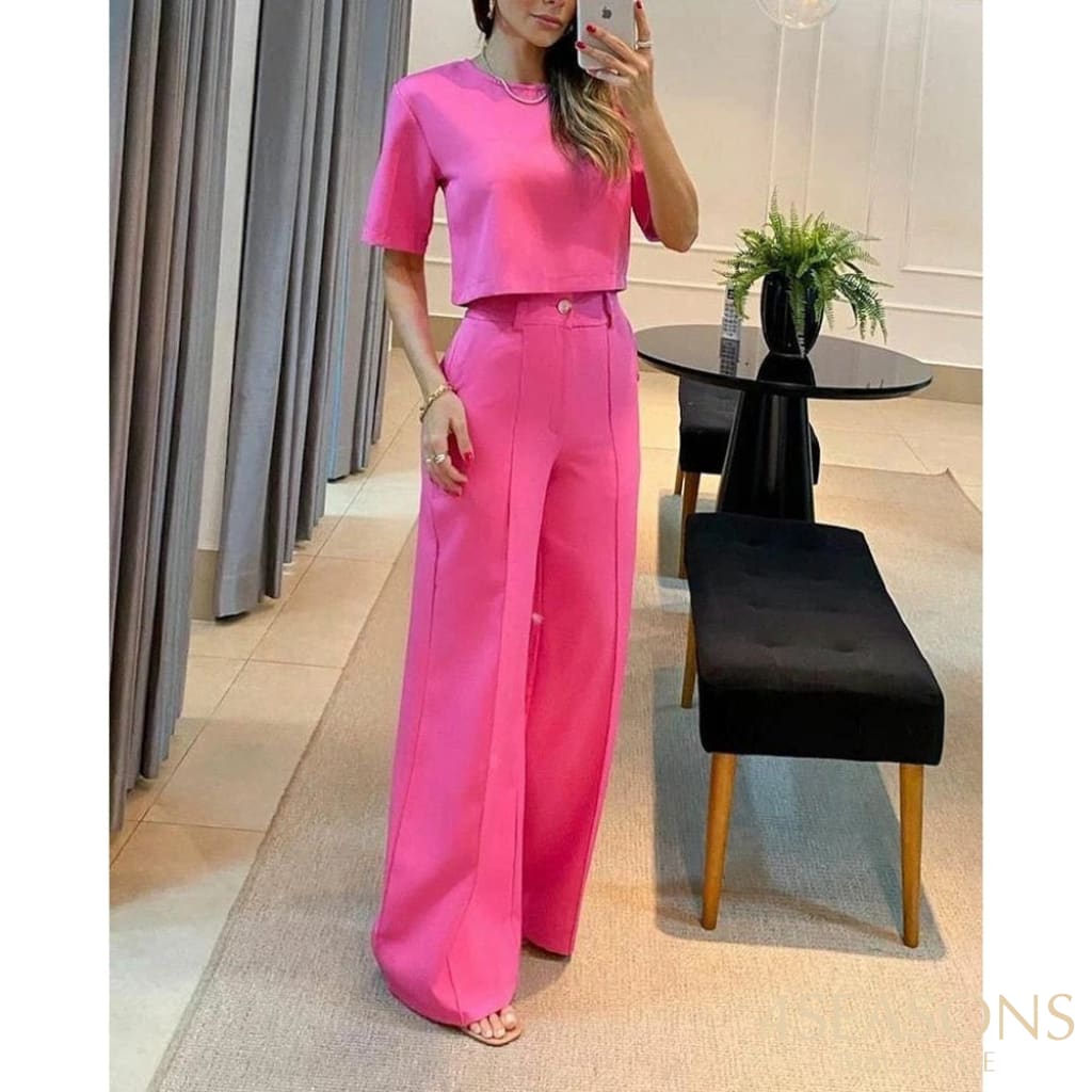 2023 Casual Women Half Sleeve Crop Top & Wide Leg Pants Set Summer Femme Office Lady Two Pieces Suit
