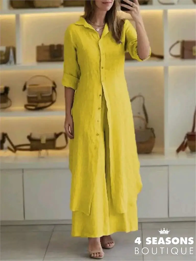 Spring Autumn Cotton Linen Loose 2 Piece Sets Casual Button Long Sleeved Women Outfit Elegant High