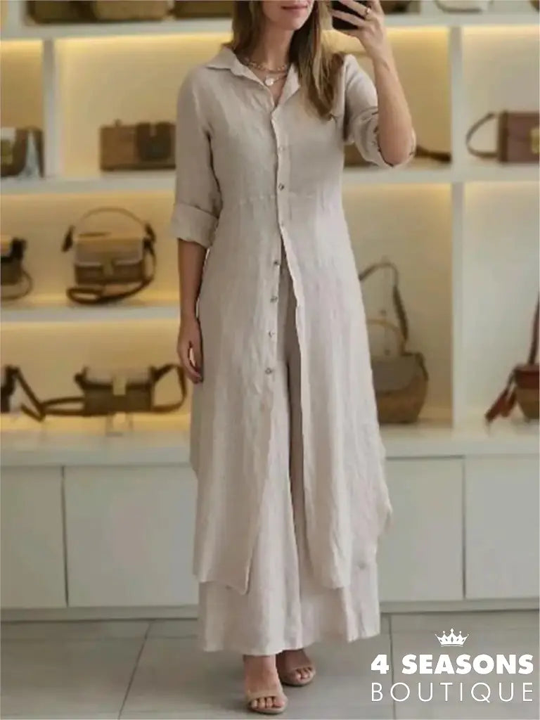 Spring Autumn Cotton Linen Loose 2 Piece Sets Casual Button Long Sleeved Women Outfit Elegant High