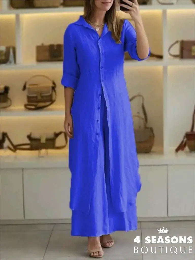 Spring Autumn Cotton Linen Loose 2 Piece Sets Casual Button Long Sleeved Women Outfit Elegant High