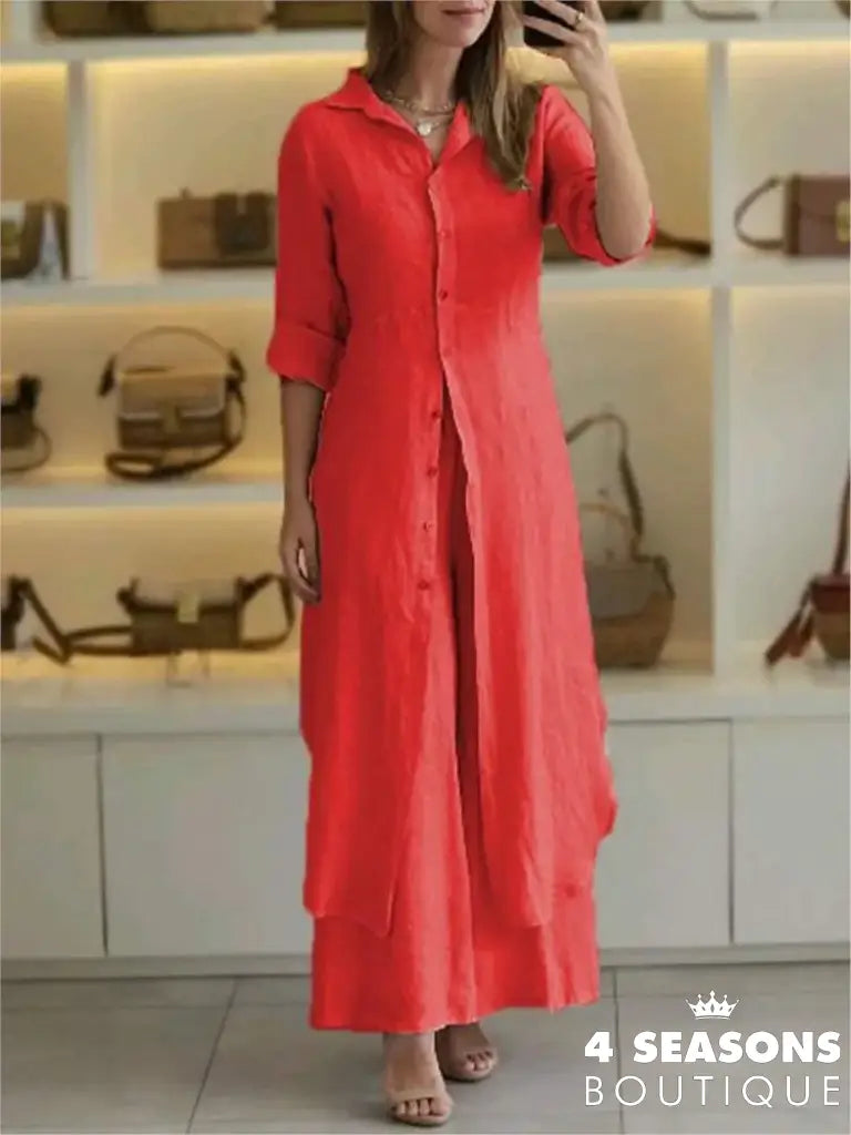 Spring Autumn Cotton Linen Loose 2 Piece Sets Casual Button Long Sleeved Women Outfit Elegant High