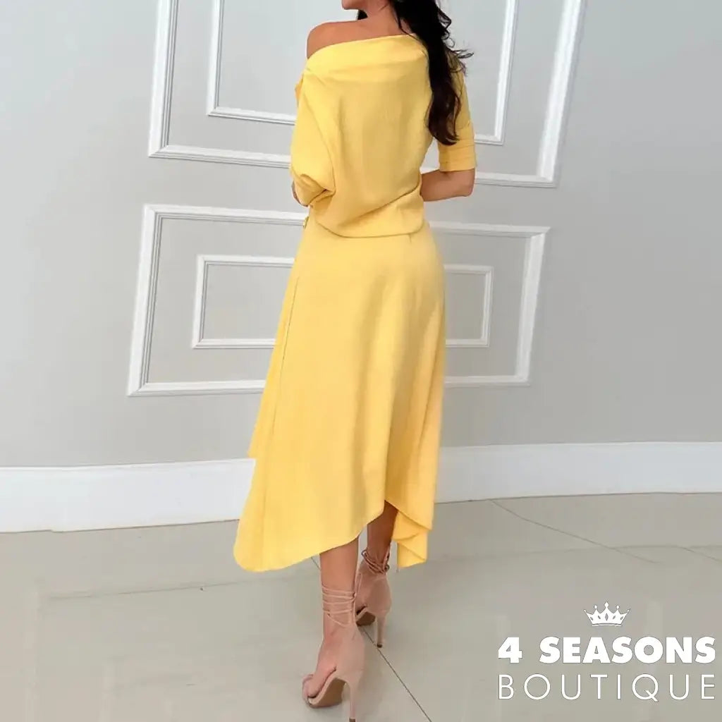 Wefads Autumn Two Piece Set Women Clothing Office Solid Half Sleeve Off Shoulder Irregular Pullover