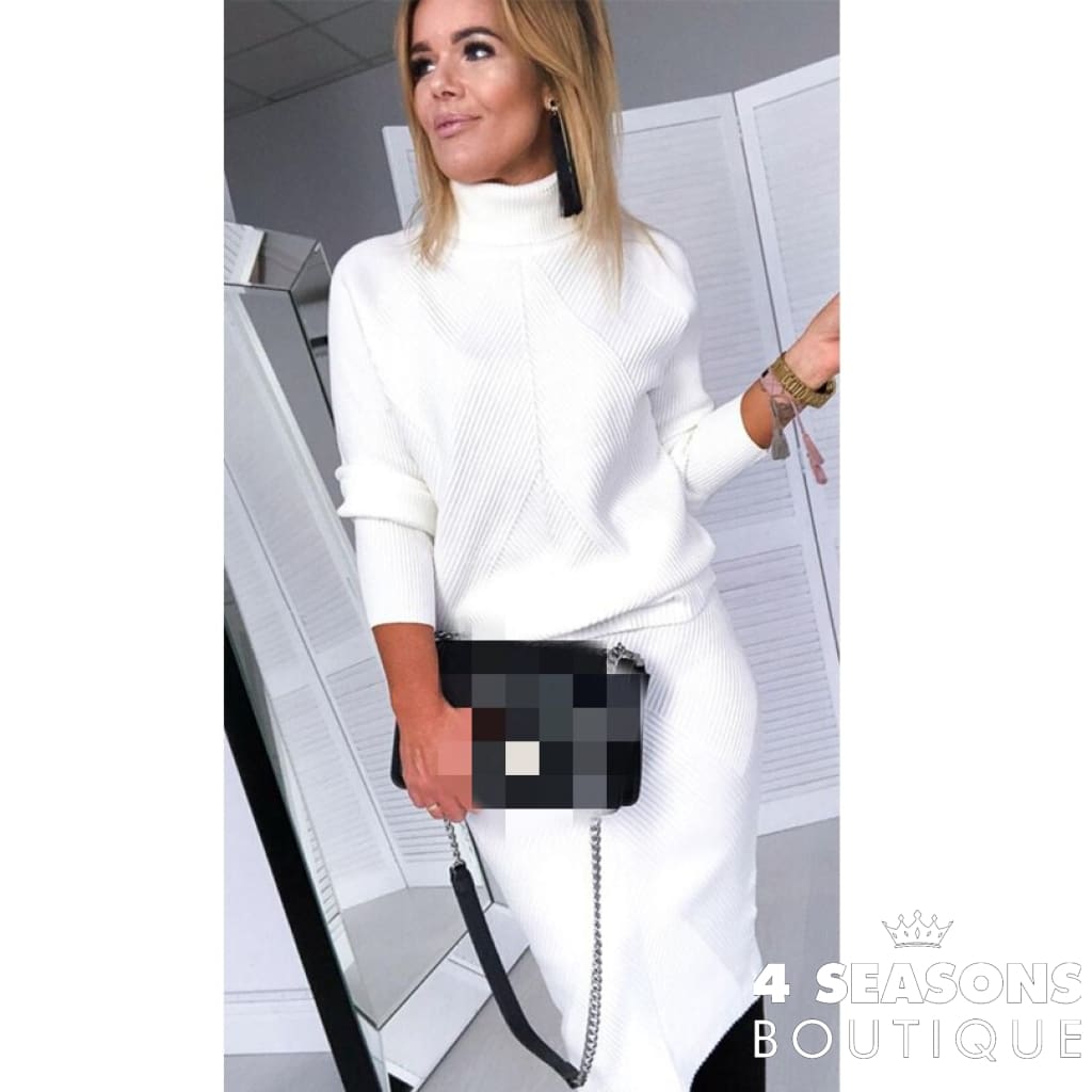 Women Pullover Fashion Fall/Winter 2-Piece Set Knitted Garments Turtleneck Solid Color Sweater+Slim