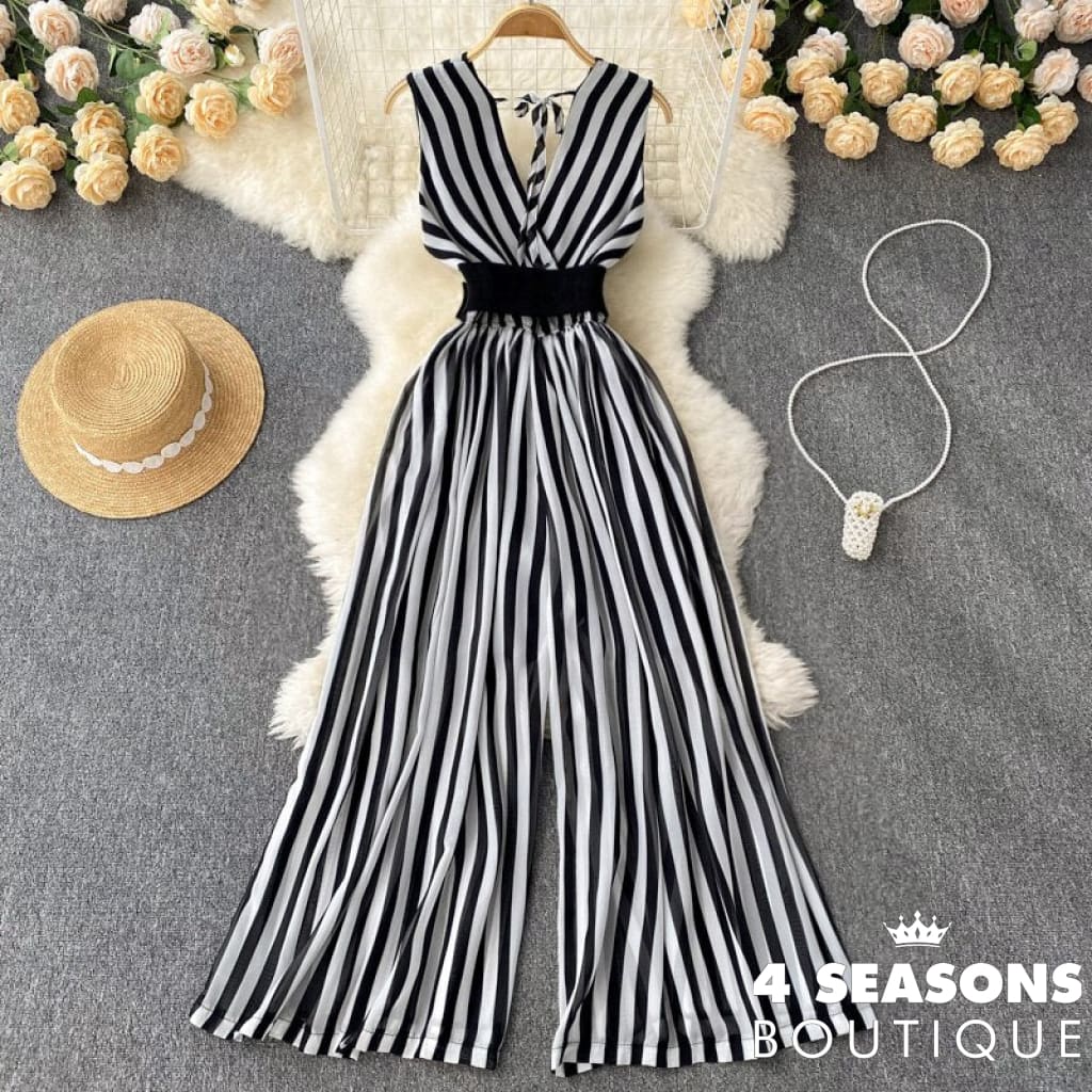 Long Jumpsuit Summer Woman Temperament V-Neck Chiffon Striped Waist New Korean Version Sleeveless