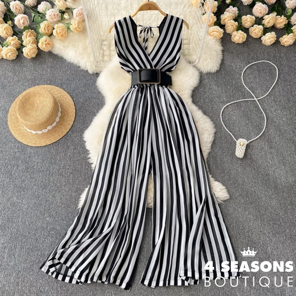 Long Jumpsuit Summer Woman Temperament V-Neck Chiffon Striped Waist New Korean Version Sleeveless