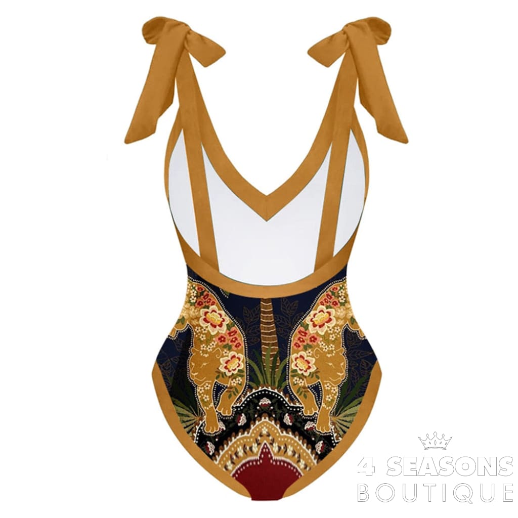 V-Neck Vintage Animal Print One-Piece Swimsuit Set High Waist Slim Open Back Beachwear Women Bow Tie