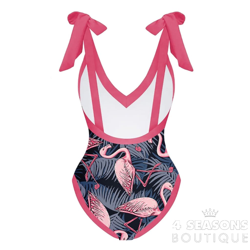 Pink Flamingo Print Bikini Set V-Neck High Waist Slim Swimsuit Womens Bow Tie Strap Style Beachwear