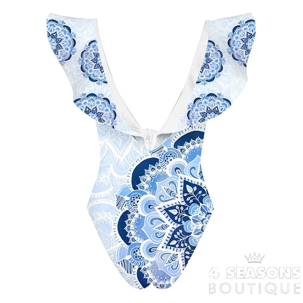 Blue Print Ruffle Fashion One Piece Swimsuit Feminine V-Neck Backless Bikini Elegant Beachwear Cover