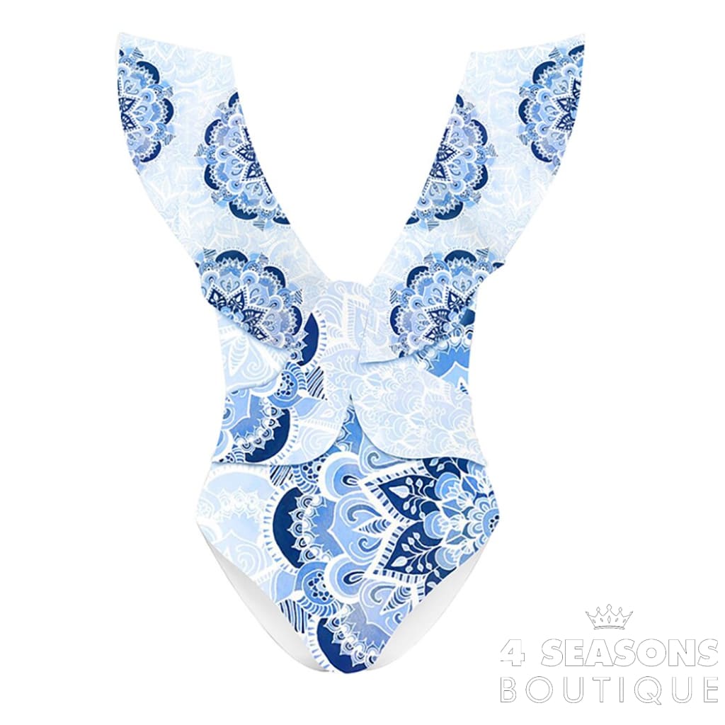Blue Print Ruffle Fashion One Piece Swimsuit Feminine V-Neck Backless Bikini Elegant Beachwear Cover