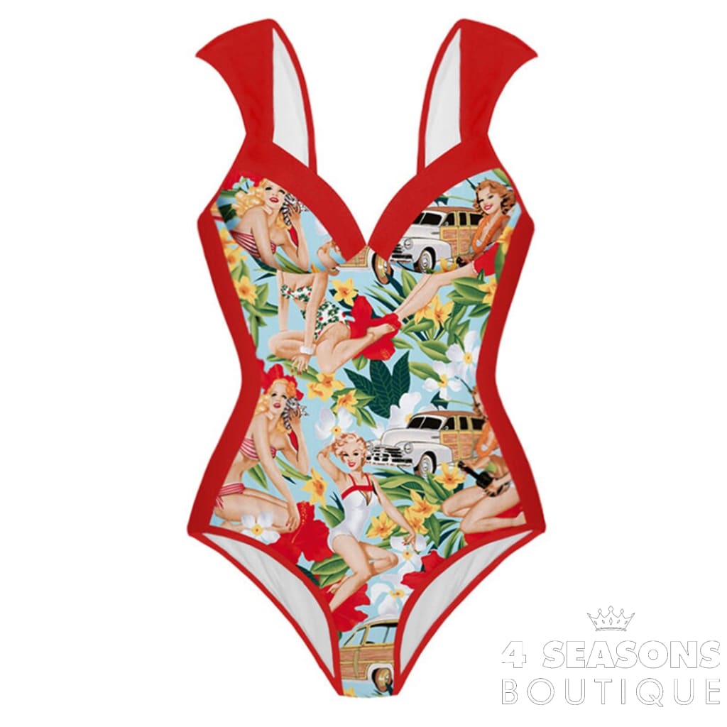 Fashion Colorblock Print Swimsuit Set French Crew Neck Slim Bikini High Waist Sexy Backless Swimwear