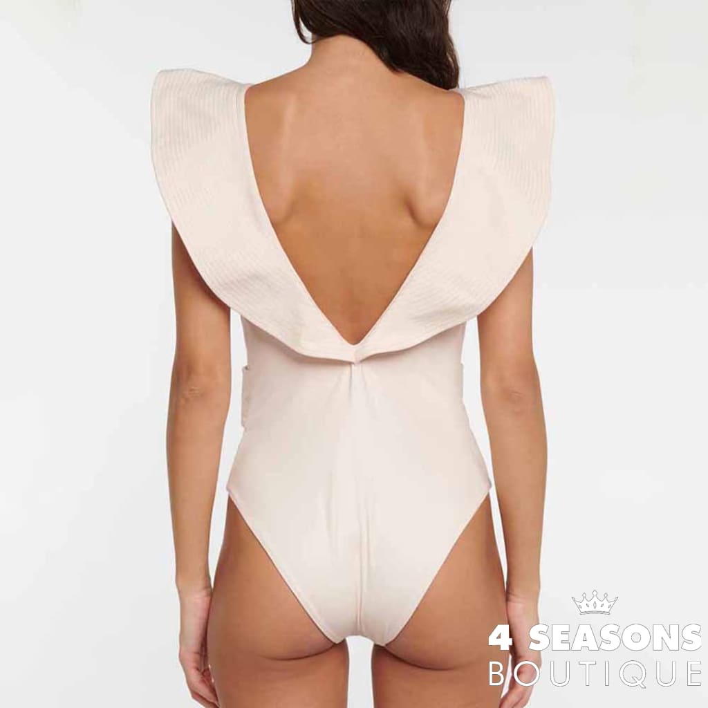 Paste Pink Ruffle One Piece Swimsuit And Coverup High Waist V Neck Sexy Slim Backless Bikini Ladies