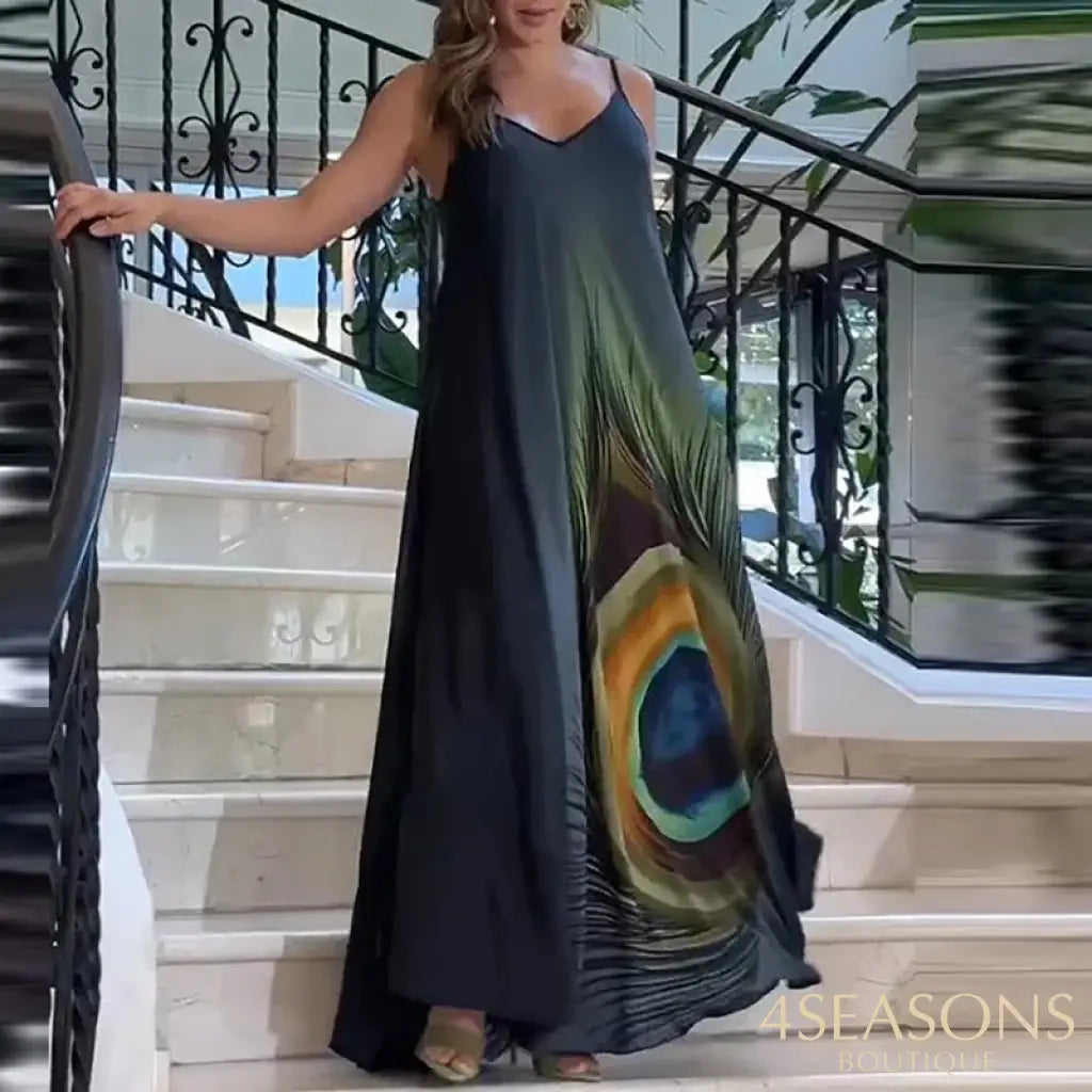 Sexy Suspender Sleeveless Printed Long Dress Lady Elegant Loose Commuting Vestidos Dress Summer New Vintage Pleated