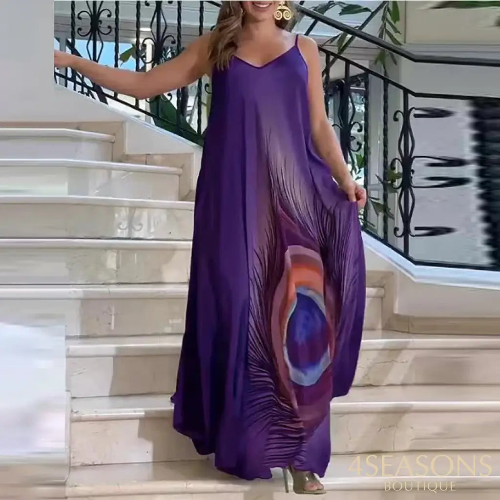 Sexy Suspender Sleeveless Printed Long Dress Lady Elegant Loose Commuting Vestidos Dress Summer New Vintage Pleated