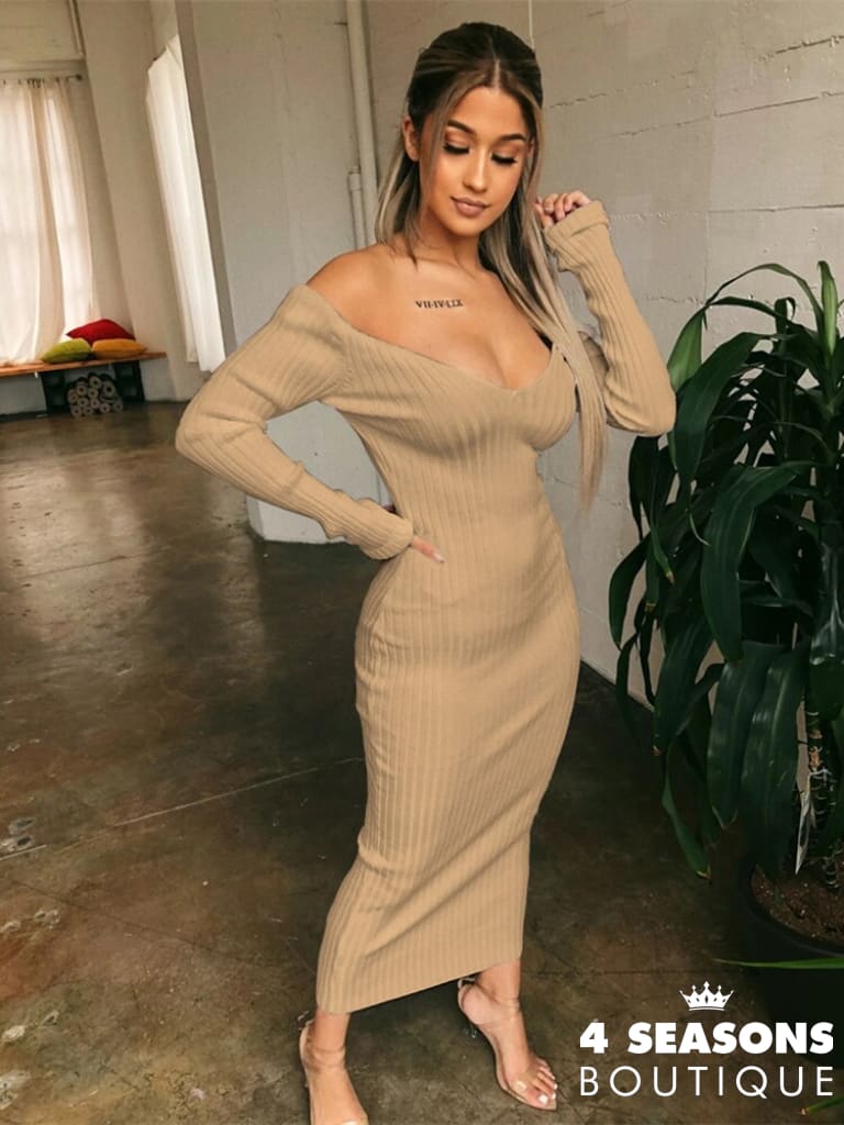Forefair Winter Sexy Bodycon Midi Woman Dress Knitted Long Sleeve V Neck Party Elegant Robe