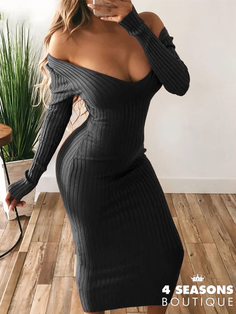 Forefair Winter Sexy Bodycon Midi Woman Dress Knitted Long Sleeve V Neck Party Elegant Robe