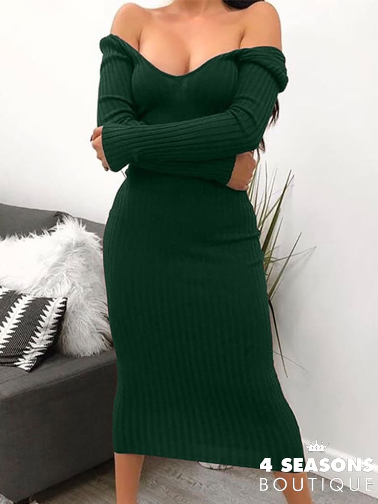 Forefair Winter Sexy Bodycon Midi Woman Dress Knitted Long Sleeve V Neck Party Elegant Robe