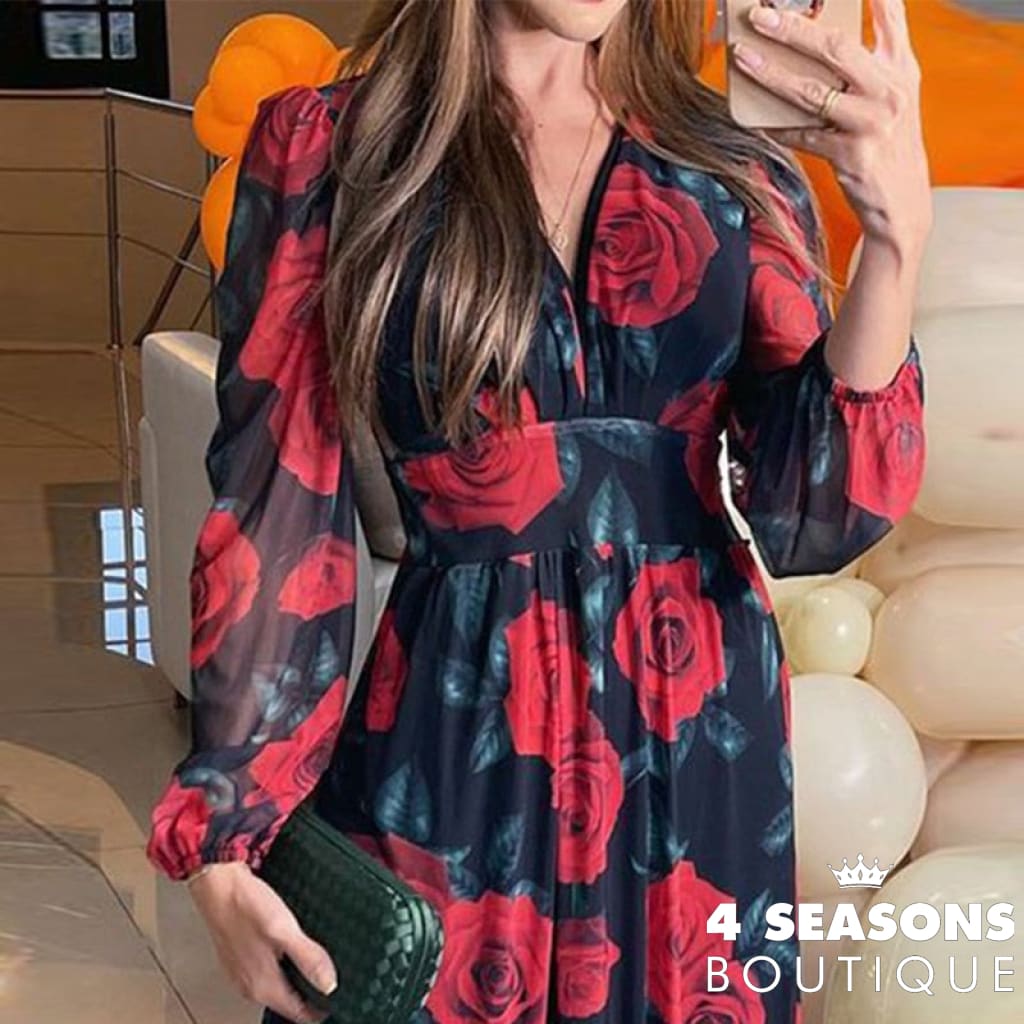 Ellafads Women Maxi Dress Autumn Elegant Fashion Long Sleeve Rose Print V Neck Nipped Waist Chiffon