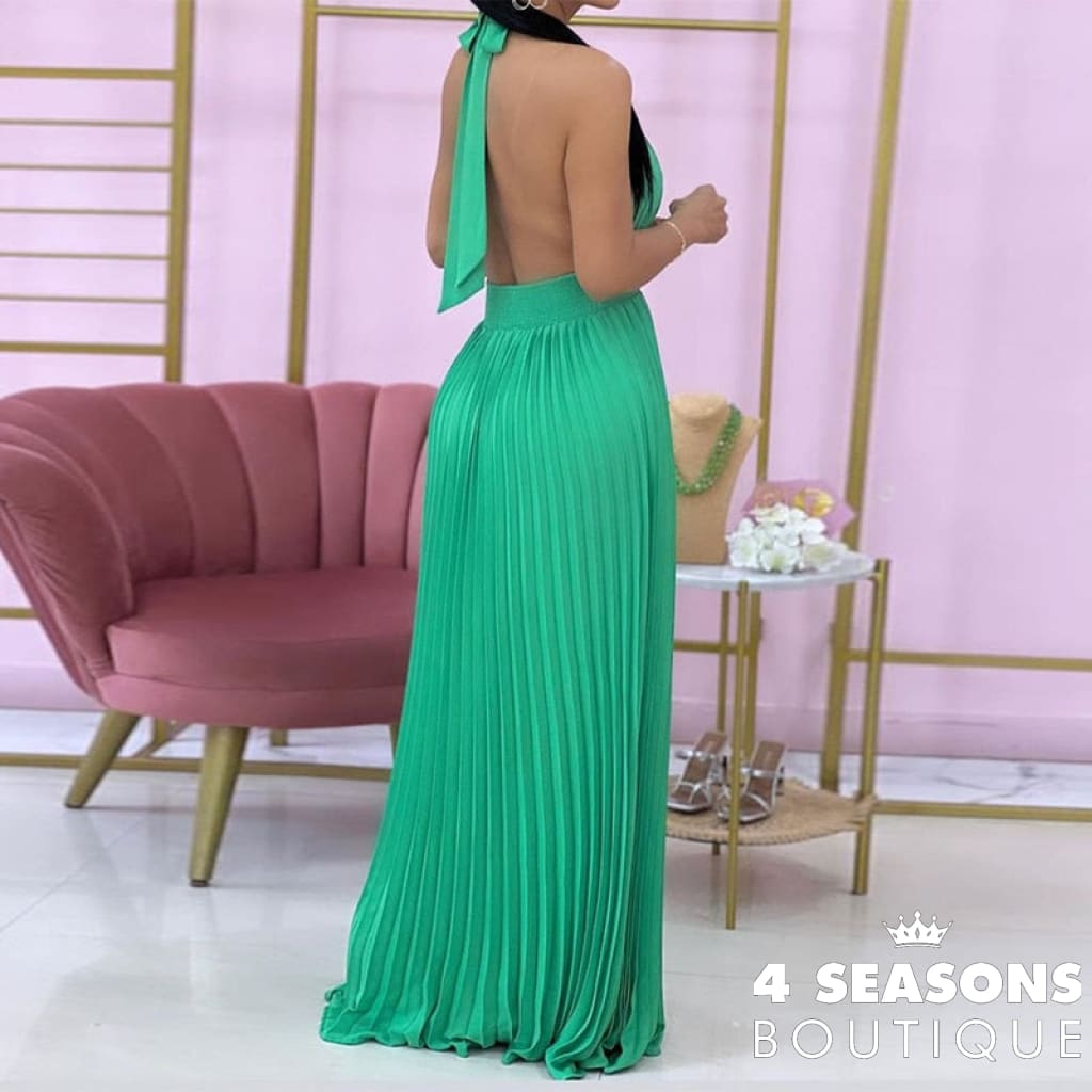Ellafads Women Maxi Dress Summer Fashion Sexy Halter Sleeveless Backless Pleated Solid Party Long
