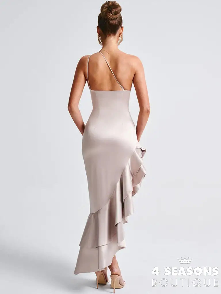 Mozision Elegant Ruffled High Split Sexy Maxi Dress Women Diagonal Collar Sleeveless Backless