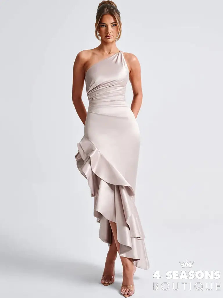 Mozision Elegant Ruffled High Split Sexy Maxi Dress Women Diagonal Collar Sleeveless Backless