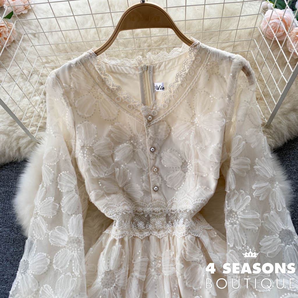 2022 Spring Elegant V-Neck Lace Sequin Dress Gentle Feminine Waist Thin Over-The-Knee Long-Sleeve