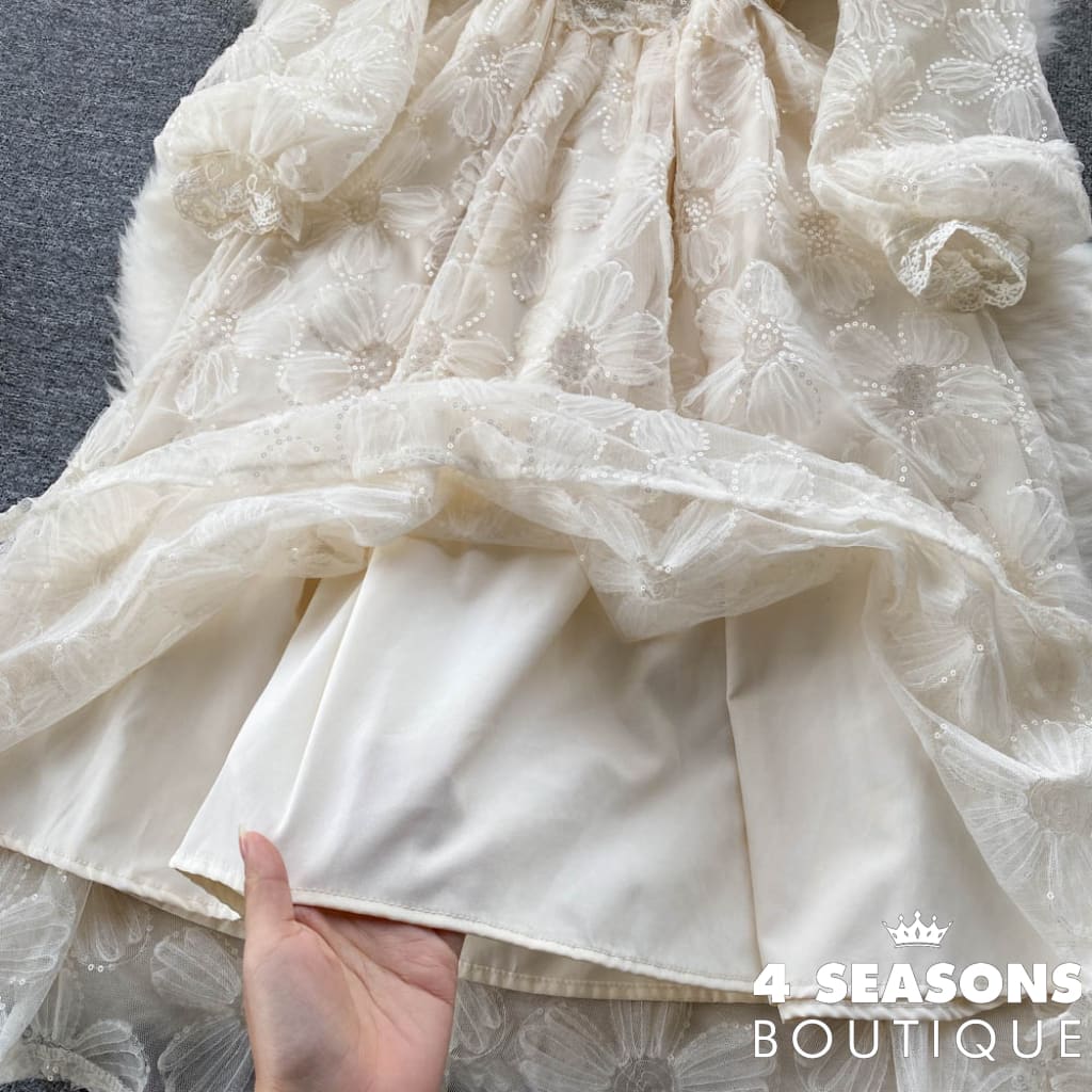 2022 Spring Elegant V-Neck Lace Sequin Dress Gentle Feminine Waist Thin Over-The-Knee Long-Sleeve