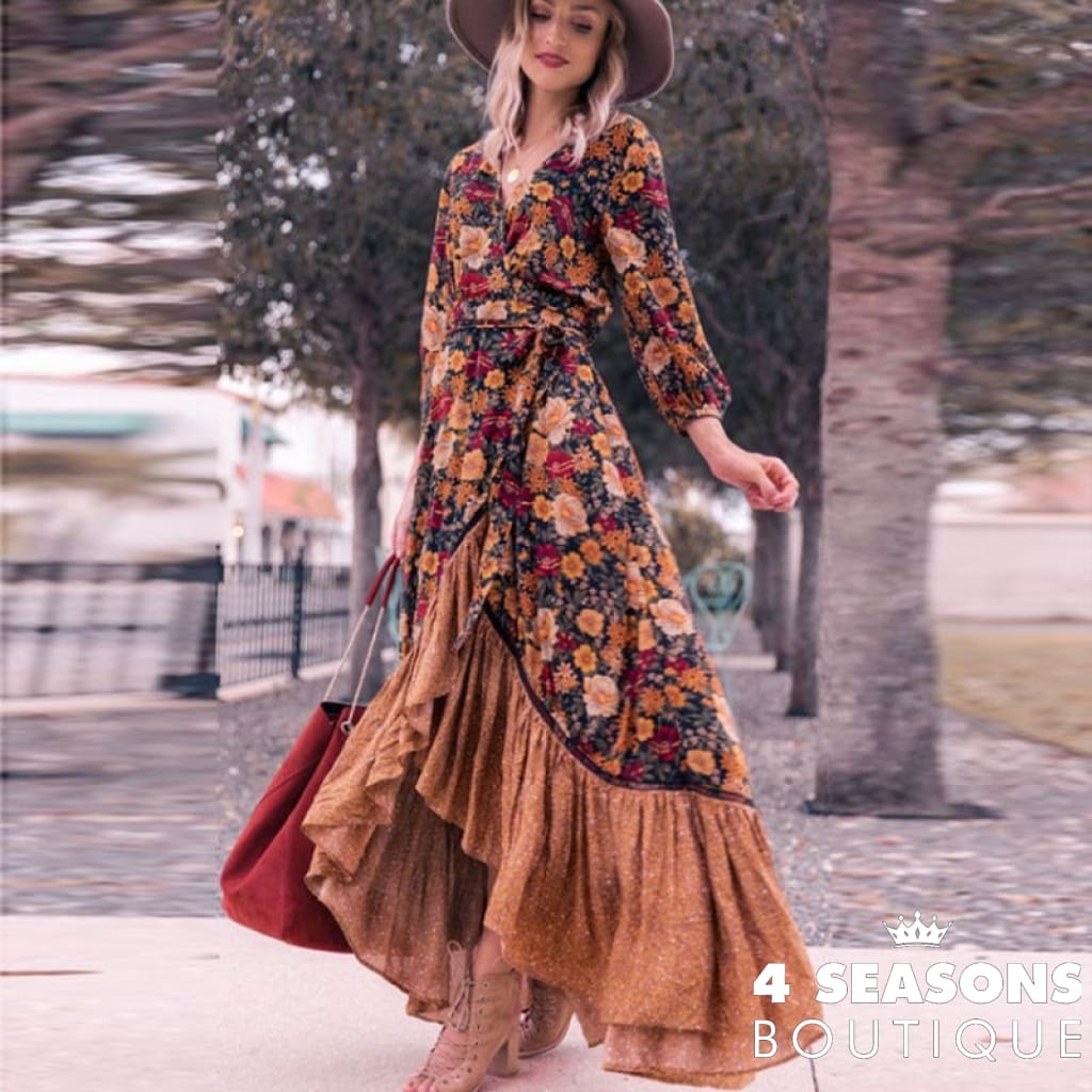 Happie Queens Women Floral Print Long Sleeve Irregular Hem Beach Bohemian Maxi Dress Ladies Boho