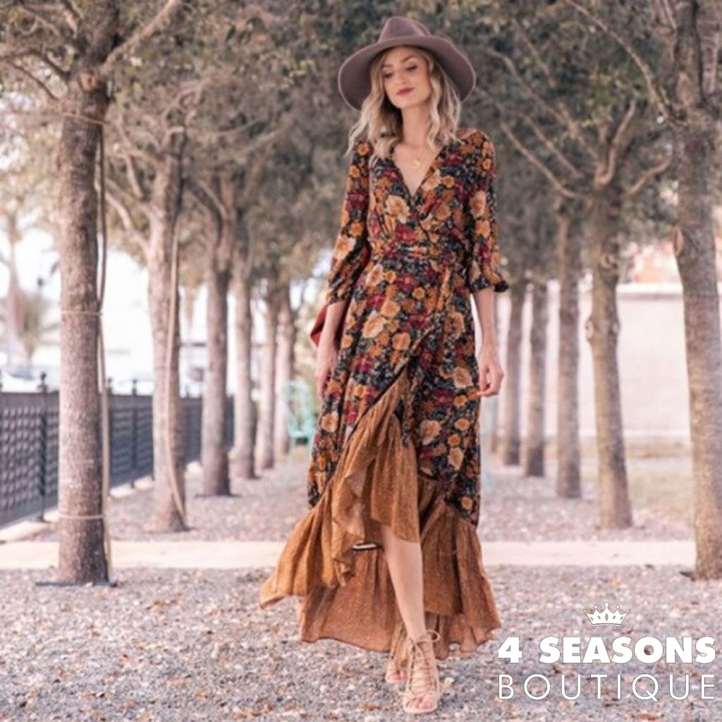 Happie Queens Women Floral Print Long Sleeve Irregular Hem Beach Bohemian Maxi Dress Ladies Boho