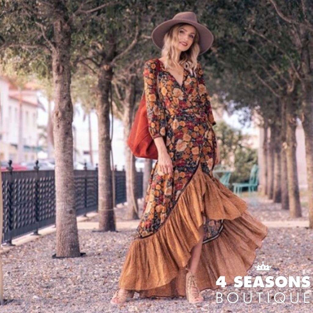 Happie Queens Women Floral Print Long Sleeve Irregular Hem Beach Bohemian Maxi Dress Ladies Boho