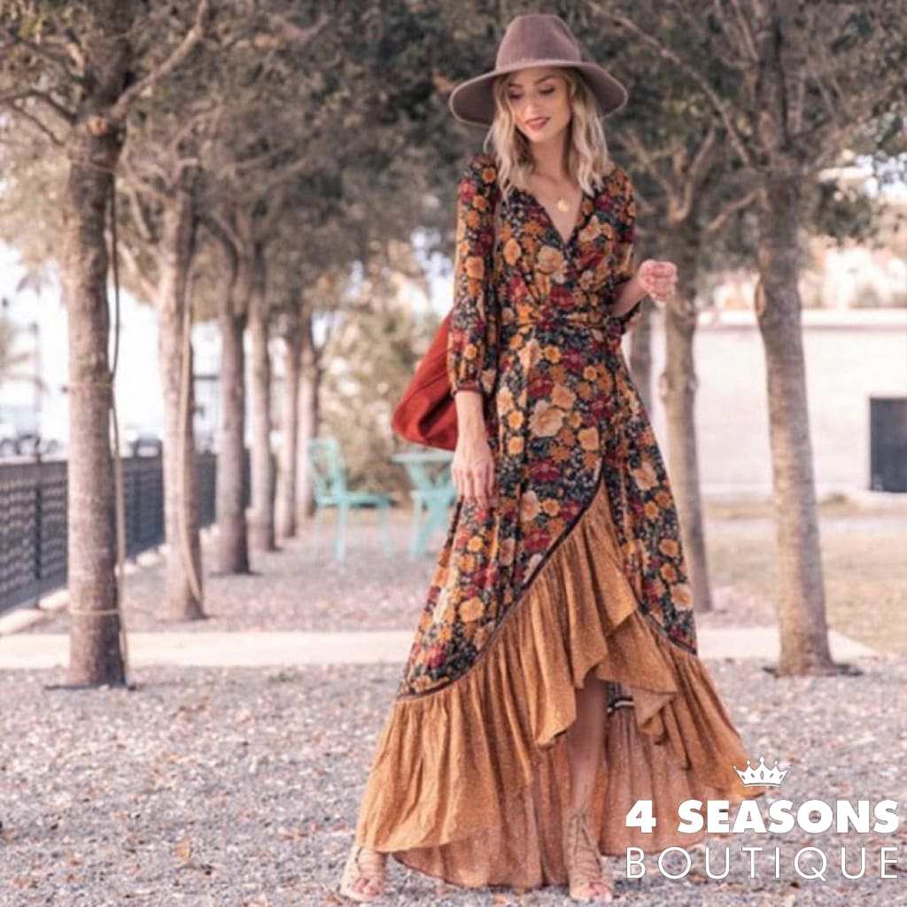Happie Queens Women Floral Print Long Sleeve Irregular Hem Beach Bohemian Maxi Dress Ladies Boho