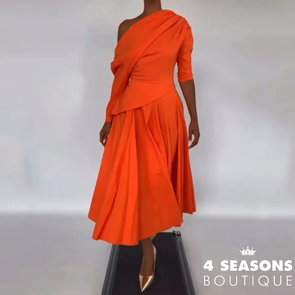 Ellafads Long Dress Women’s Summer Clothing Elegant Solid Long Sleeve One Shoulder Irregular Pleated Nipped Waist Party