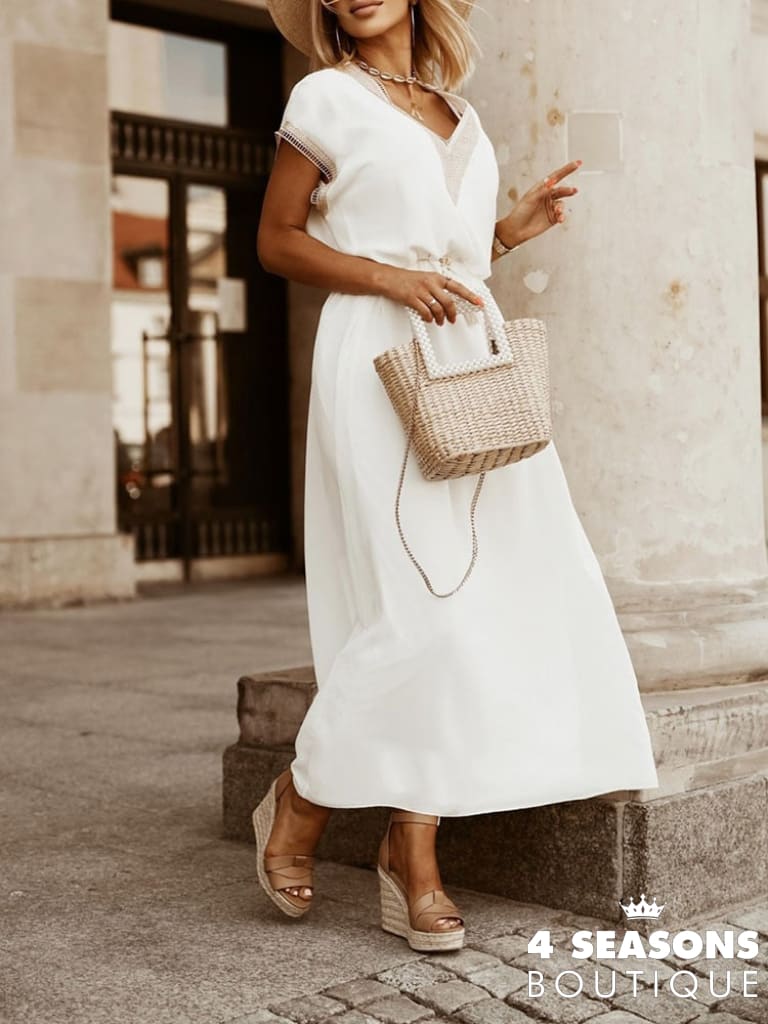 Sexy V Neck Short Sleeve Beach Dress 2022 High Waist A Line Lace Up Ruffles Women Casual Loose